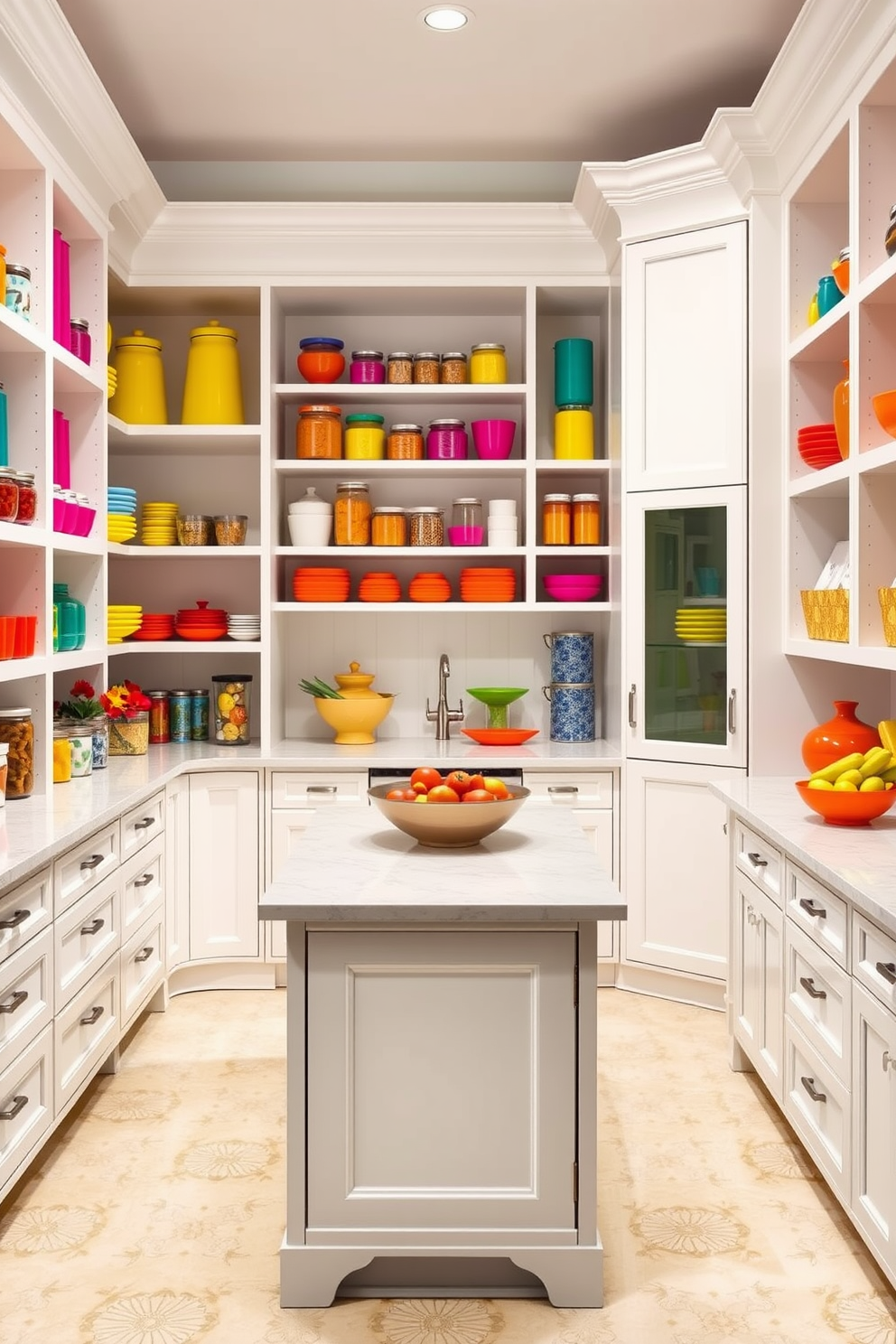 A bright and cheerful pantry filled with colorful accents that enhance the overall design. The shelves are stocked with vibrant containers and jars that add a pop of color against the clean white cabinetry. The pantry features a spacious layout with a large island in the center for food prep and additional storage. Brightly colored fruit bowls and decorative items are strategically placed to create an inviting atmosphere.