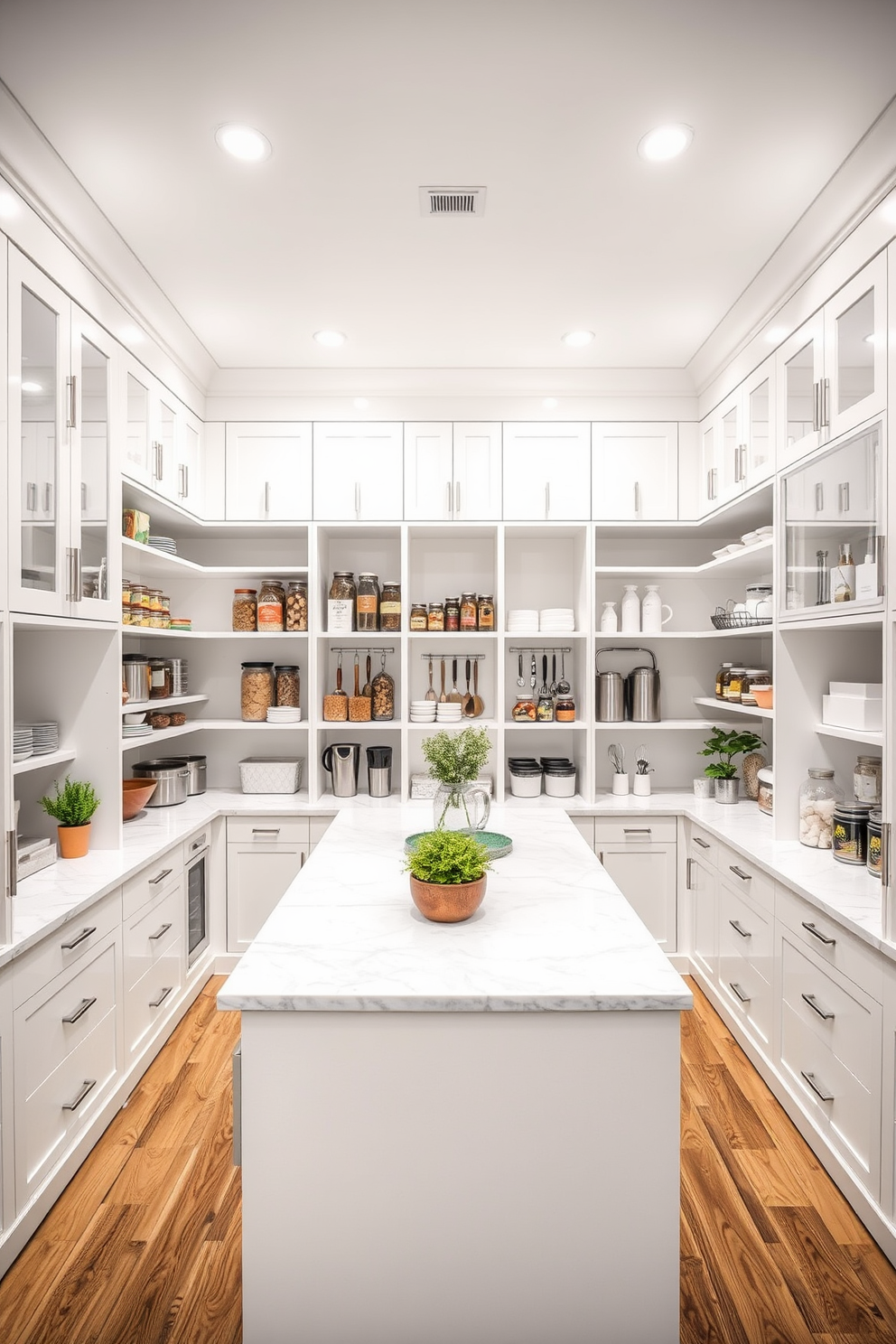 A spacious white pantry with sleek cabinetry and open shelving creates a bright and inviting atmosphere. The recessed lighting casts a warm glow, highlighting the organized jars and neatly arranged kitchen tools. The pantry features a large island in the center with a marble countertop, providing ample workspace. Subtle decorative accents, such as potted herbs and stylish containers, enhance the modern aesthetic while maintaining functionality.