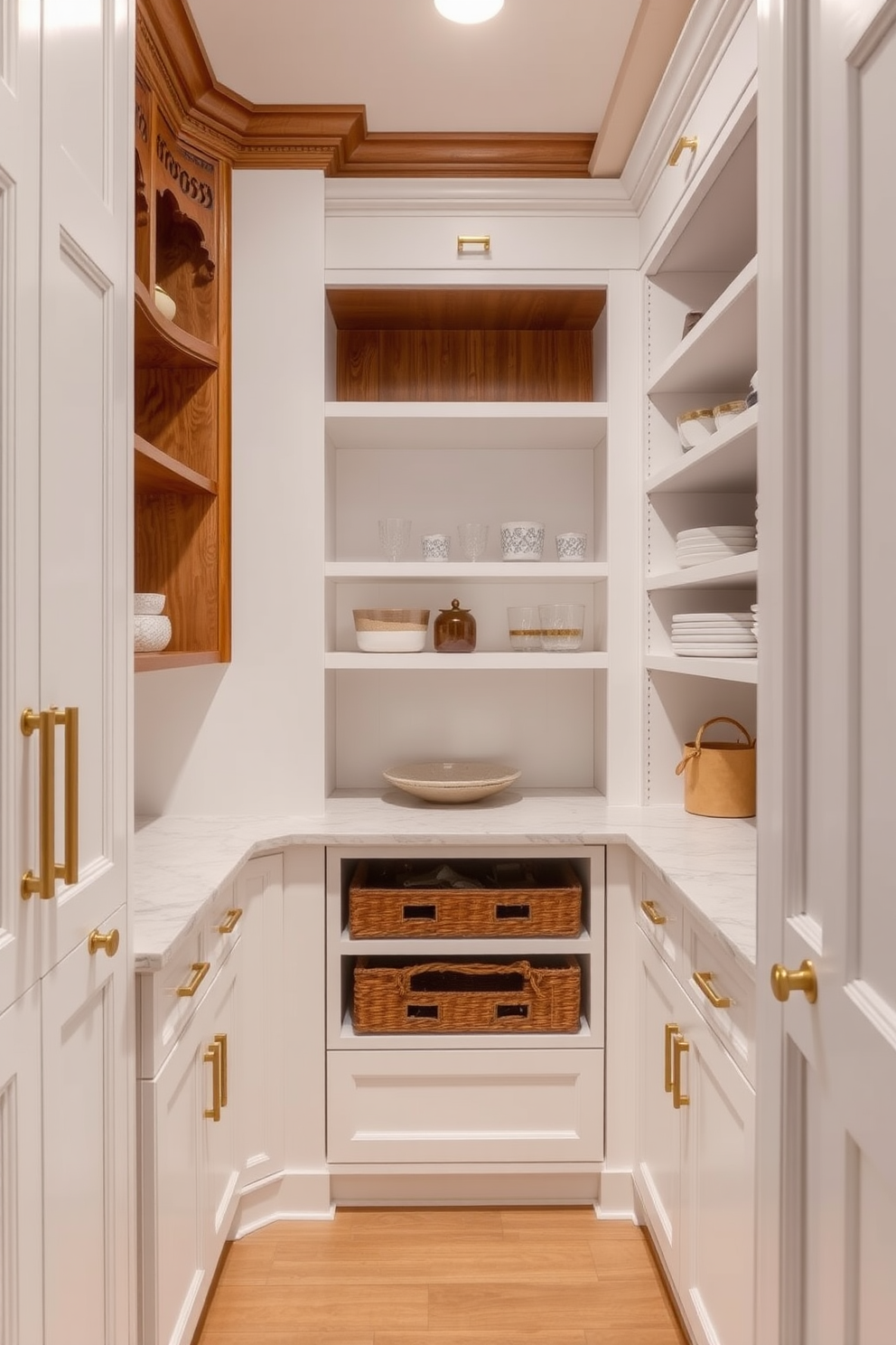 Custom cabinetry for unique layouts. The cabinetry features intricate woodwork and a mix of open and closed shelving, allowing for both display and storage. White pantry design ideas. The pantry is spacious with white shaker-style cabinets, complemented by a marble countertop and stylish brass hardware for a touch of elegance.