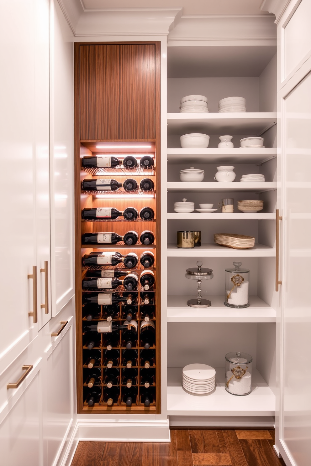 A stylish built-in wine rack is elegantly integrated into the wall, featuring a rich wood finish that complements the surrounding cabinetry. Soft lighting highlights the bottles, creating a warm and inviting atmosphere perfect for entertaining guests. The white pantry design showcases sleek cabinetry with minimalist hardware, maximizing storage space while maintaining a clean aesthetic. Open shelving displays decorative dishware and glass jars, adding a touch of personality to the functional space.