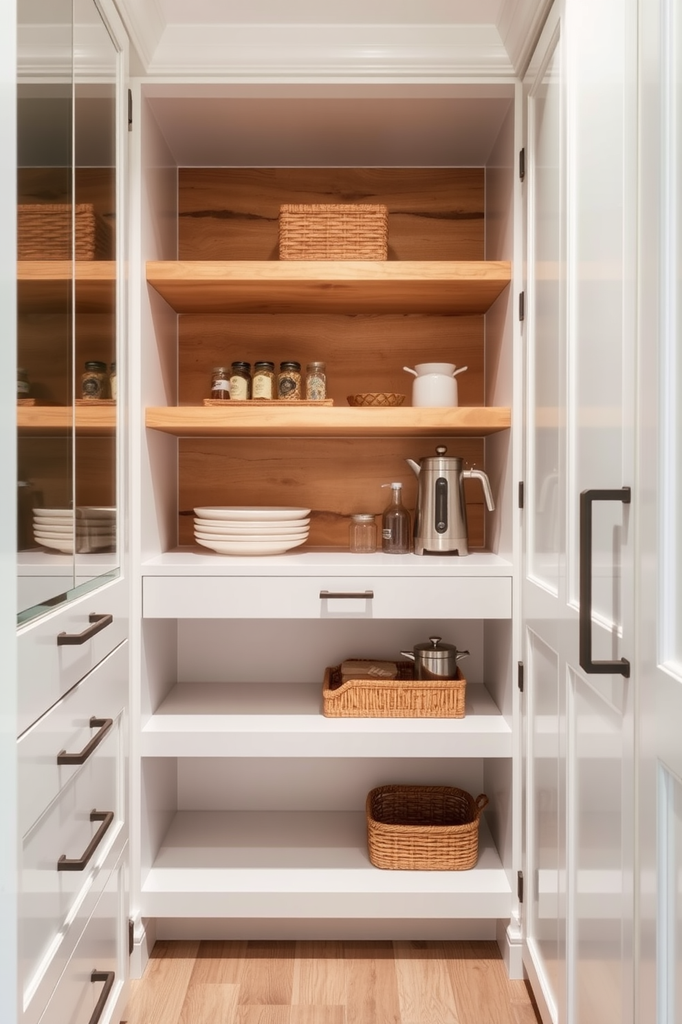 A bright and airy pantry featuring a mix of textures with warm wooden shelves and sleek metal accents. The cabinetry is painted in a crisp white, creating a clean backdrop for the rustic wooden elements and modern metal hardware.