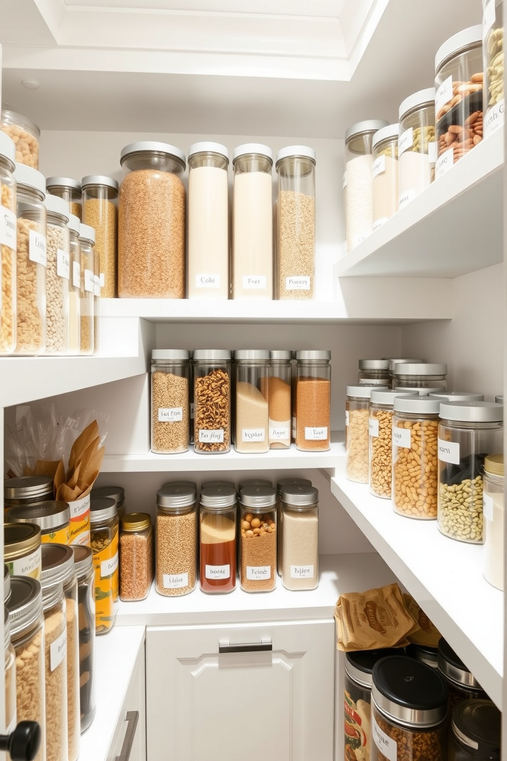 A bright and airy pantry featuring clear containers that allow for easy visibility of contents. The shelves are neatly organized, showcasing an array of labeled jars filled with grains, spices, and snacks, all harmoniously arranged for a clean and functional look.