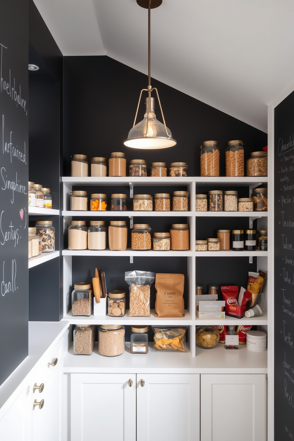 A modern pantry with chalkboard paint on one wall, perfect for jotting down grocery lists. The shelves are neatly organized with glass jars filled with grains, spices, and snacks, creating a clean and functional space. The cabinetry is a crisp white, complementing the dark chalkboard surface. A stylish pendant light hangs from the ceiling, illuminating the area and adding a touch of elegance to the design.