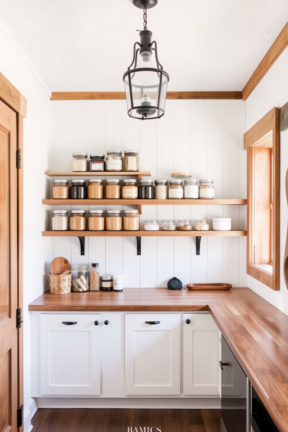 A cozy farmhouse pantry with rustic wooden shelves and accents. The walls are painted in a soft white shade, creating a bright and airy atmosphere. Open shelving displays neatly organized jars of ingredients, while a wooden countertop provides ample workspace. A vintage-style light fixture hangs above, adding warmth and charm to the space.