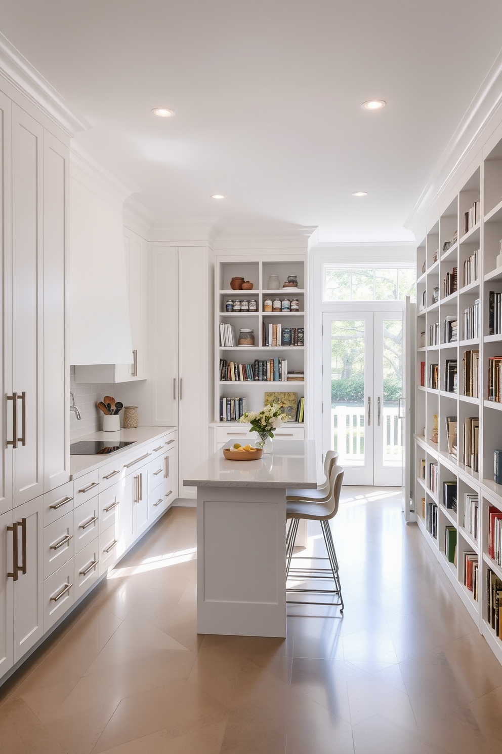 Open concept pantry designed for an airy feel. The space features white cabinetry with sleek handles and open shelving showcasing neatly organized jars and cookbooks. Natural light floods in through large windows, enhancing the bright atmosphere. A central island with bar stools provides a perfect spot for casual dining or meal prep.