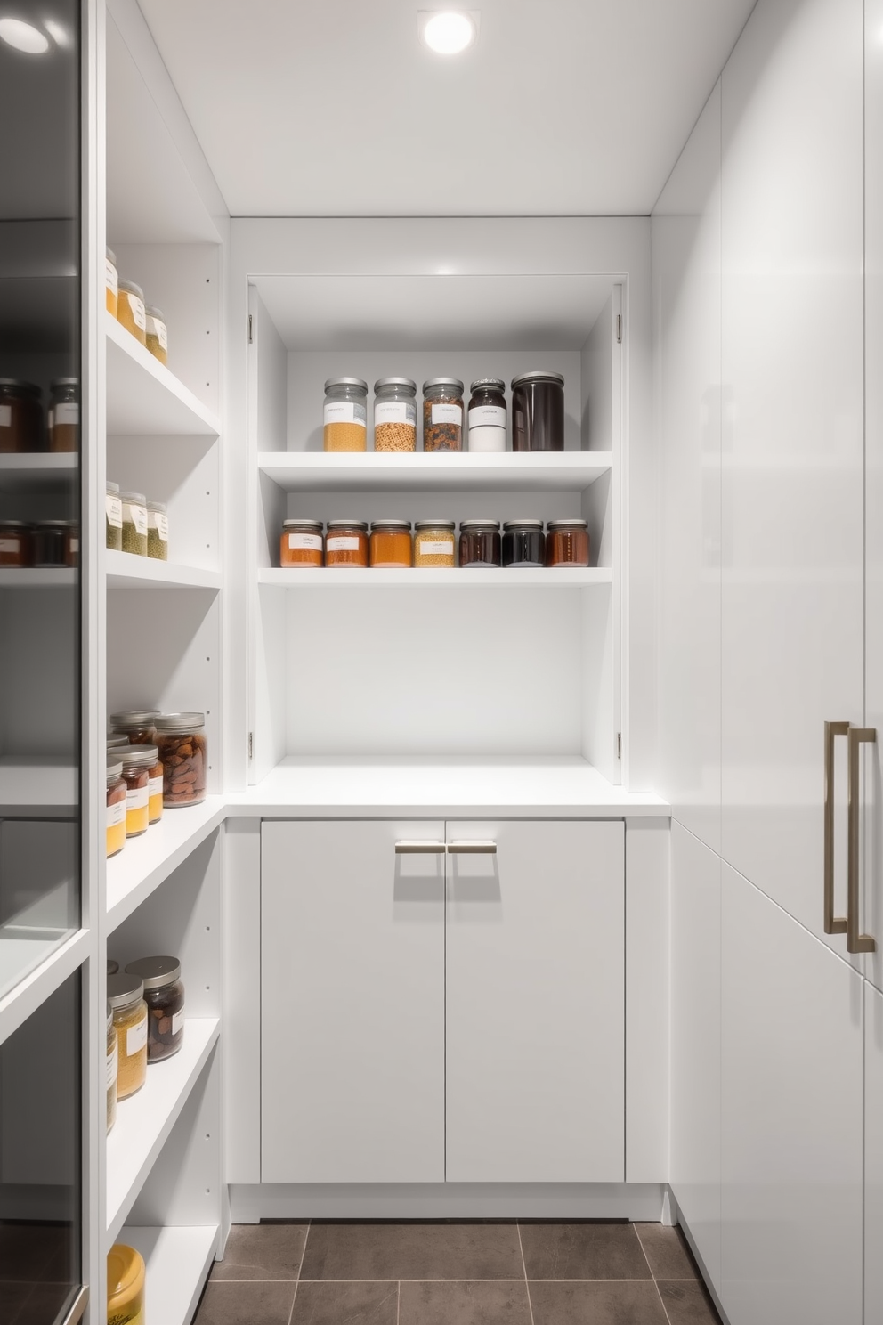 A minimalist pantry featuring sleek lines and a clean aesthetic. The cabinetry is made of white matte finish with integrated handles for a seamless look. Open shelving displays neatly organized jars and containers, emphasizing simplicity and functionality. A subtle LED strip light illuminates the space, highlighting the pantry's streamlined design.