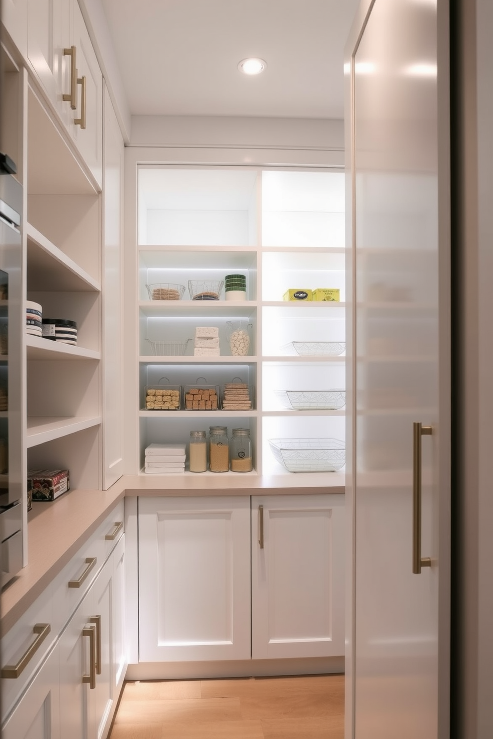 A spacious built-in pantry featuring integrated lighting that highlights the organized shelves. The design includes white cabinetry with sleek handles and ample storage for kitchen essentials.