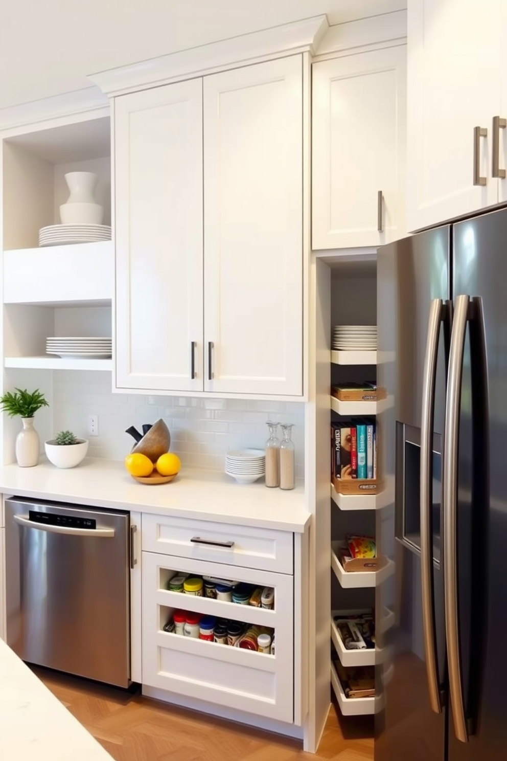 A modern kitchen featuring tall cabinets that maximize vertical space. The cabinets are sleek and white with minimalist handles, creating an airy and spacious feel. Incorporate open shelving above the cabinets to display decorative dishware. The pantry area includes pull-out drawers for easy access and organization of food items.