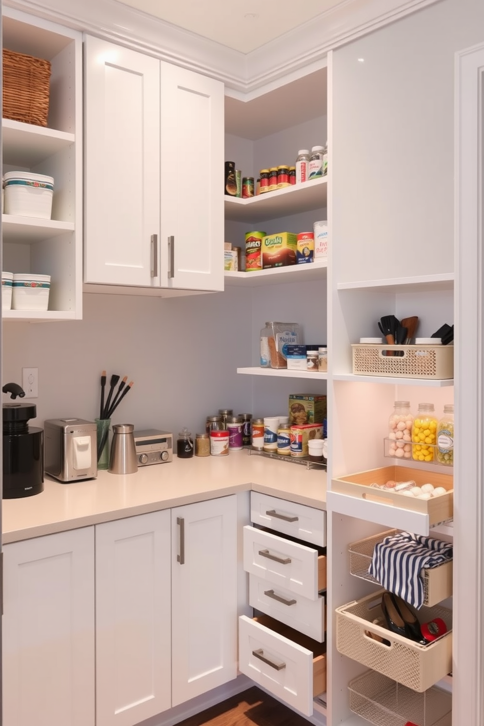 A corner pantry designed with clever storage solutions maximizes space while maintaining an organized appearance. The cabinetry features a sleek white finish with open shelving for easy access to frequently used items, complemented by pull-out drawers for hidden storage.