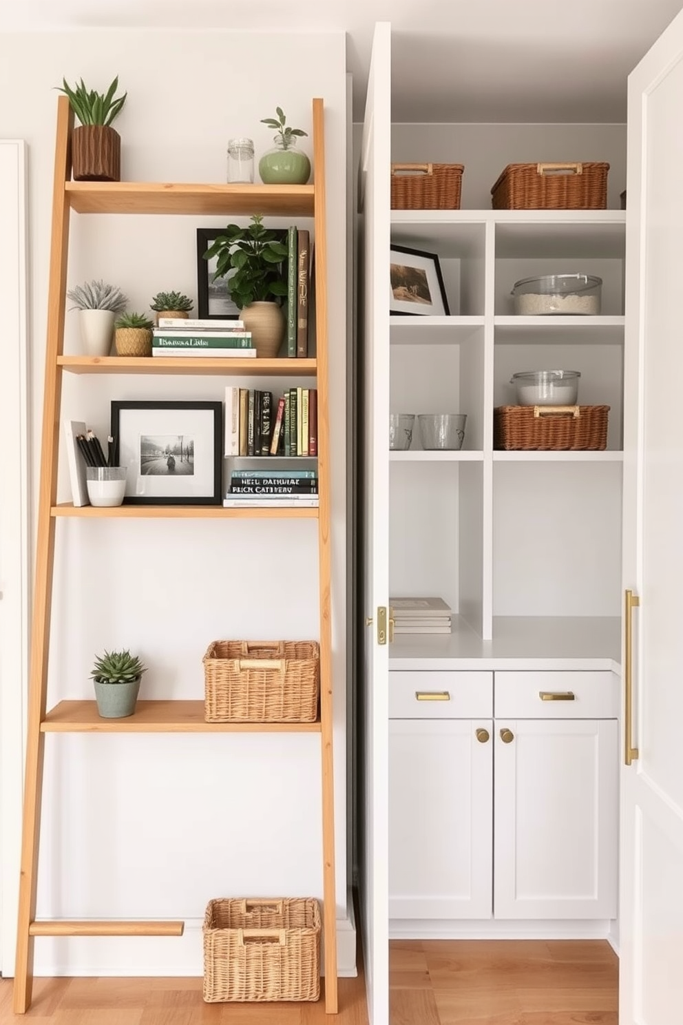 A ladder shelf made of natural wood leans against a light-colored wall showcasing an array of decorative items such as plants, books, and framed photos. The shelves are staggered in height, creating an eye-catching visual interest while maintaining a minimalist aesthetic. A spacious white pantry features sleek cabinetry with brass handles, providing ample storage for kitchen essentials. The interior is organized with clear containers and wooden baskets, ensuring a tidy and functional space that complements the overall kitchen design.