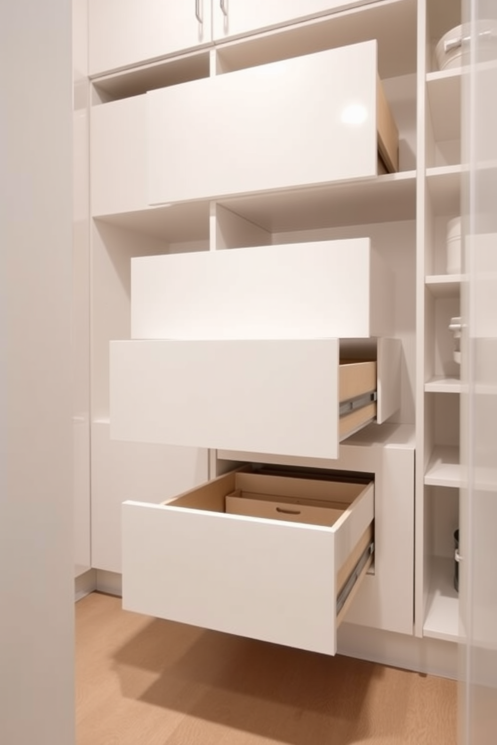 A sleek white pantry with pull-out drawers for organized storage. The cabinetry features a glossy finish, and the drawers are neatly arranged to maximize space and accessibility.