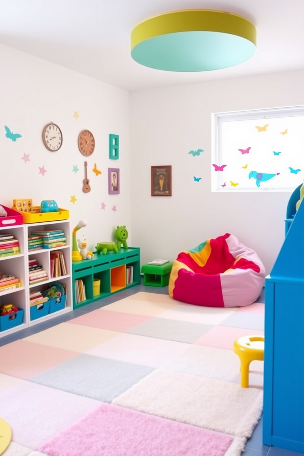 Bright white walls with colorful accents create a vibrant and inviting atmosphere. The playroom features a soft carpet in pastel hues and playful wall decals that inspire creativity. A large, multi-colored bean bag chair sits in the corner, providing a cozy reading nook. Shelves filled with an array of toys and books are easily accessible to encourage imaginative play.