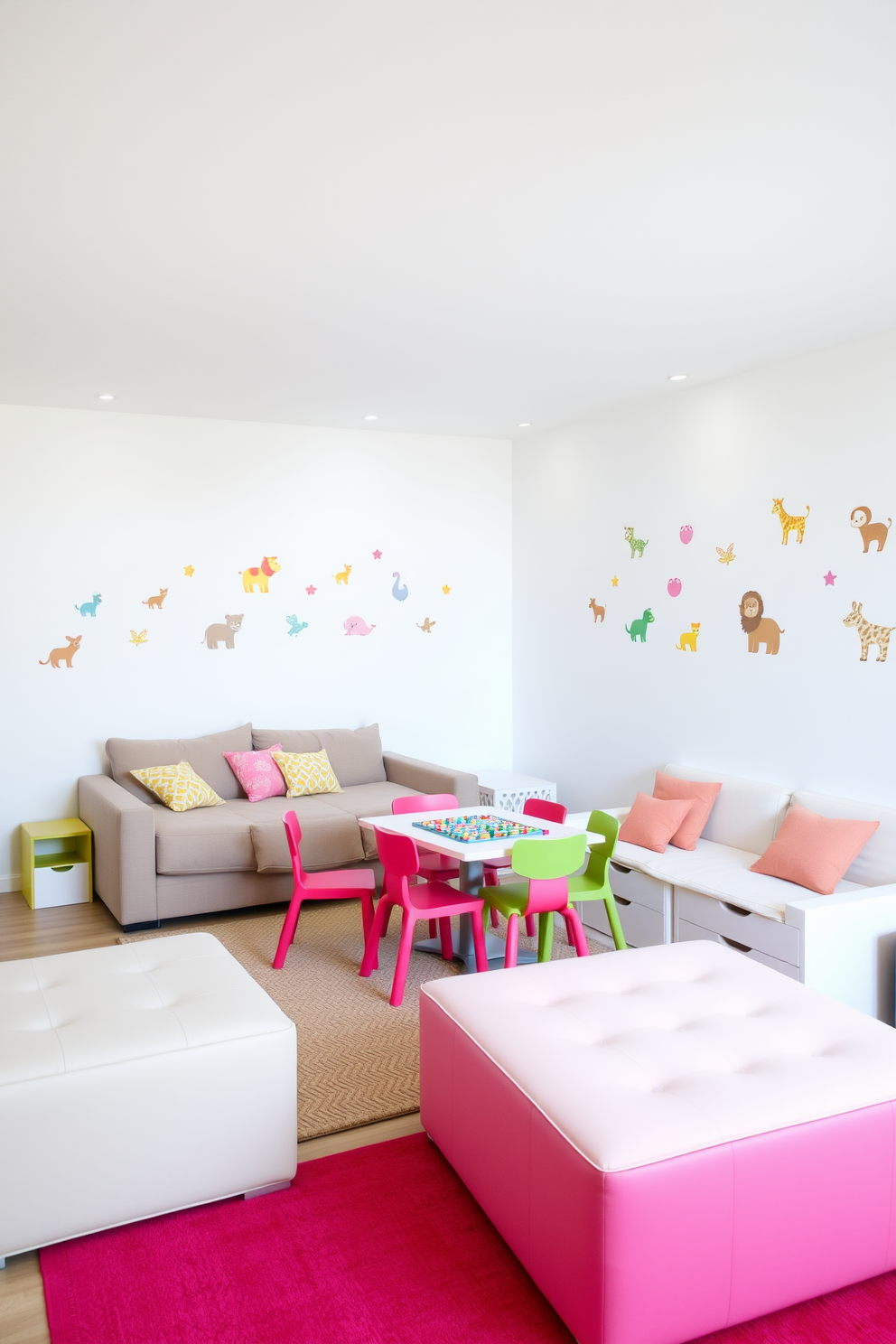 A bright and cheerful playroom featuring multi-functional furniture designed for space-saving. The room includes a convertible sofa that transforms into a bed and a large storage ottoman that doubles as seating. The walls are painted in a soft white, creating an airy atmosphere, while colorful wall decals of playful animals add a fun touch. A low, adjustable table serves as both a craft station and a game area, surrounded by colorful, stackable chairs.