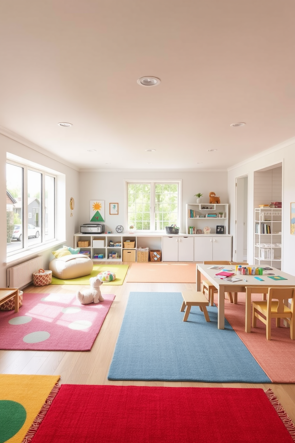 A bright and airy playroom filled with creative play zones divided by colorful rugs. Each zone features distinct themes such as a reading nook with plush cushions and a craft area with a large table and art supplies. The walls are painted in soft pastel colors, creating a cheerful atmosphere. Large windows allow natural light to flood the space, enhancing the playful ambiance.