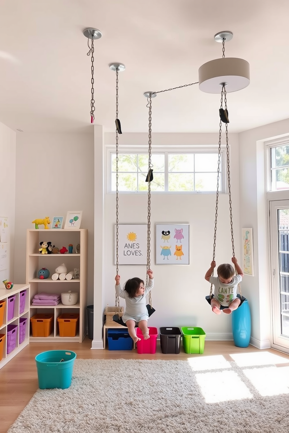 A bright and airy playroom features hanging swings suspended from the ceiling, inviting children to enjoy playful moments. The walls are painted in a soft pastel hue, and the floor is covered with a plush area rug for comfort. The space is filled with colorful storage bins and playful artwork that sparks creativity. Large windows allow natural light to flood the room, enhancing the cheerful atmosphere.