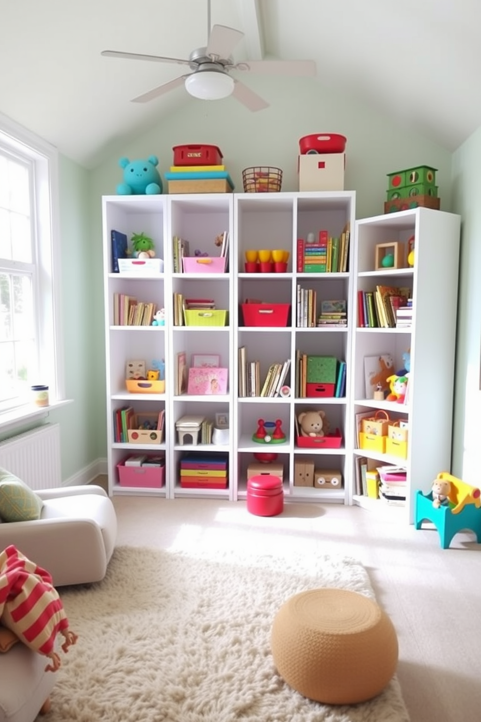 A bright and airy playroom features white shelving units that neatly display an array of colorful toys and books. The walls are painted in a soft pastel hue, creating a cheerful atmosphere that encourages creativity and play. The room is furnished with a plush area rug and comfortable seating, providing a cozy space for children to relax and engage in activities. Large windows allow natural light to flood the room, enhancing the inviting and playful design.