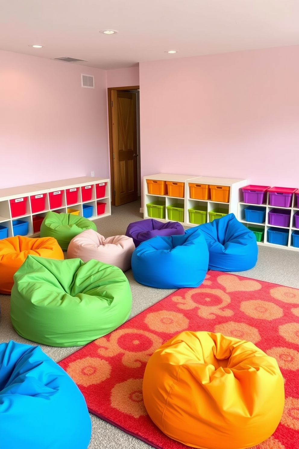 Colorful bean bags in various shapes and sizes are scattered across a spacious playroom, providing a fun and relaxed seating area for children. The walls are painted in soft pastel colors, creating a cheerful and inviting atmosphere. The playroom features a large, soft area rug in vibrant patterns, adding comfort and warmth to the space. Brightly colored storage bins are neatly arranged, helping to keep toys organized and easily accessible.