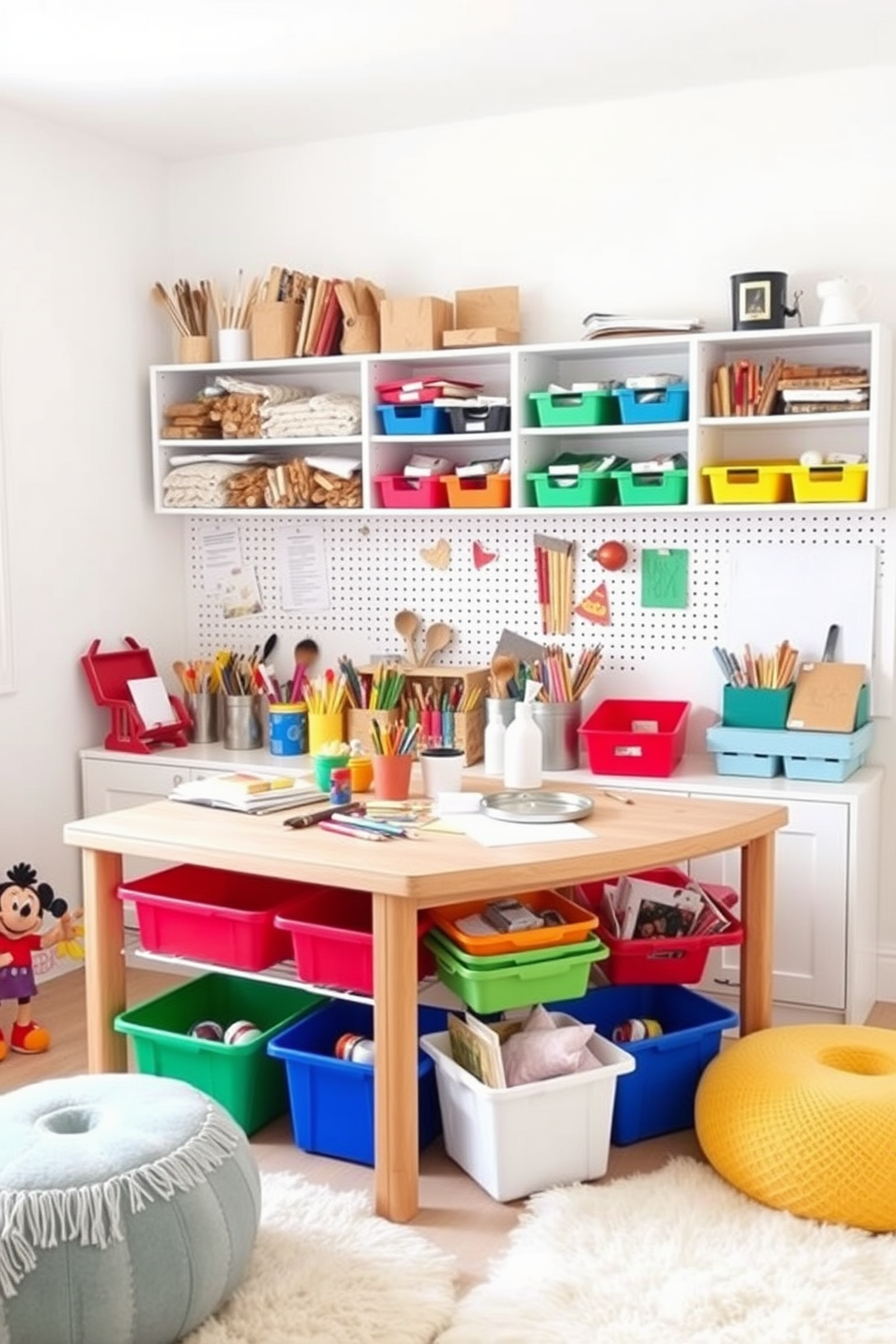 Art supplies station with easy access. The station features a large, sturdy table surrounded by colorful storage bins filled with various art materials like paints, brushes, and paper. White playroom design ideas. The space is bright and airy, with white walls and soft, plush rugs that create a cozy atmosphere for playtime and creativity.