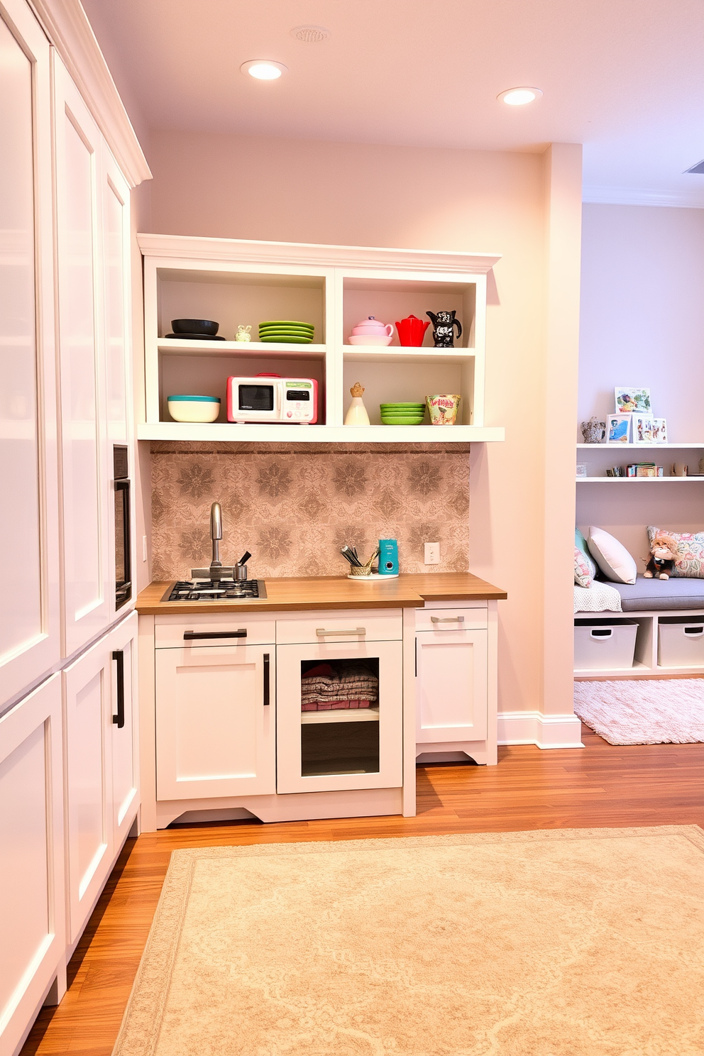 A charming play kitchen designed with white cabinetry features a small island in the center and open shelving displaying colorful dishes and toys. The backsplash is adorned with playful patterned tiles, and a set of miniature appliances adds a delightful touch. The playroom is bright and inviting, with soft pastel colors on the walls and a cozy reading nook filled with plush cushions. A large area rug defines the space, while storage bins neatly organize toys and games, creating a functional and fun environment.