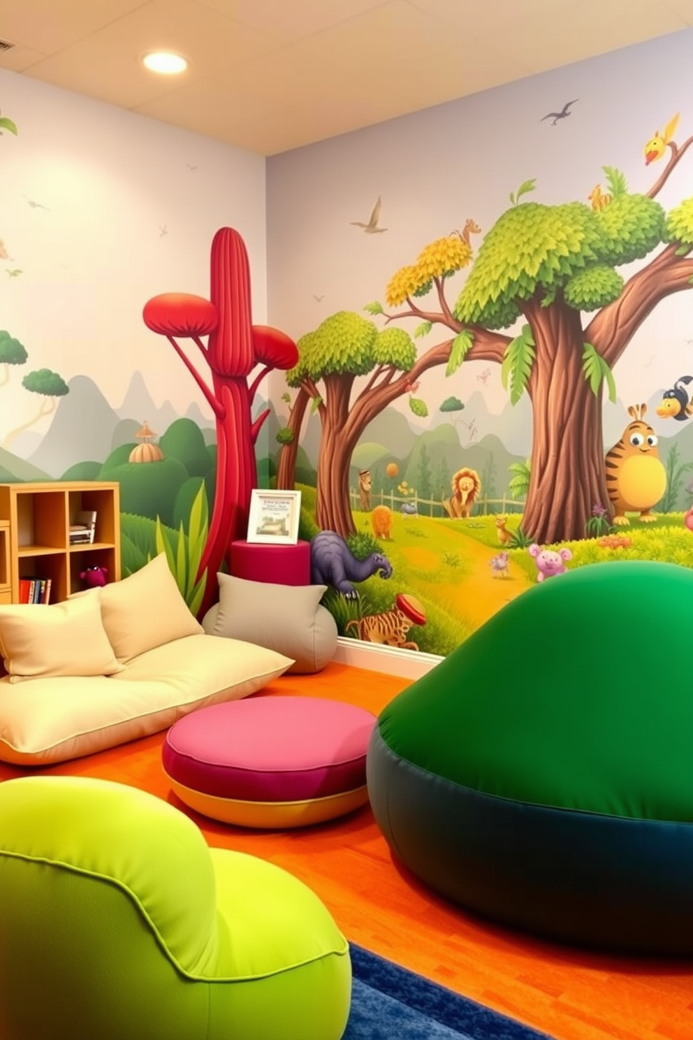 A whimsical playroom filled with vibrant colors and playful elements. The walls are adorned with removable wallpaper featuring a fantasy landscape, and the floor is covered with soft, plush carpeting in bright hues. In one corner, a cozy reading nook with oversized cushions and a small bookshelf invites children to explore their favorite stories. A large, interactive wall mural showcases a colorful jungle scene, encouraging imaginative play and adventure.