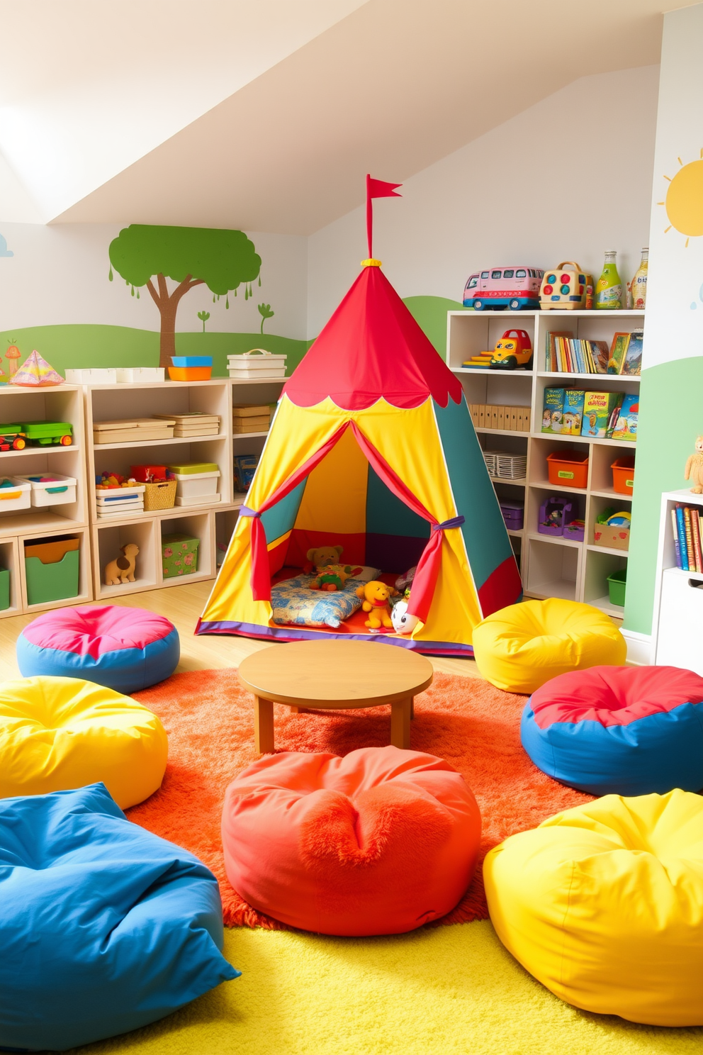 A brightly colored play tent sits in the corner of a cheerful playroom. The walls are adorned with playful murals and the floor is covered with soft, plush rugs in vibrant colors. The furniture includes a low table surrounded by colorful bean bags for seating. Shelves filled with toys and books are neatly organized, creating a fun and inviting atmosphere for children.