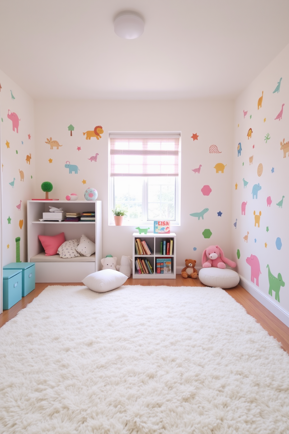 A bright and airy playroom filled with playful wall decals featuring colorful animals and whimsical shapes. The walls are painted in a soft pastel hue, creating a cheerful backdrop for imaginative play. The room includes a cozy reading nook with plush cushions and a small bookshelf filled with children's books. A large, soft area rug covers the floor, providing a comfortable space for kids to sit and play.