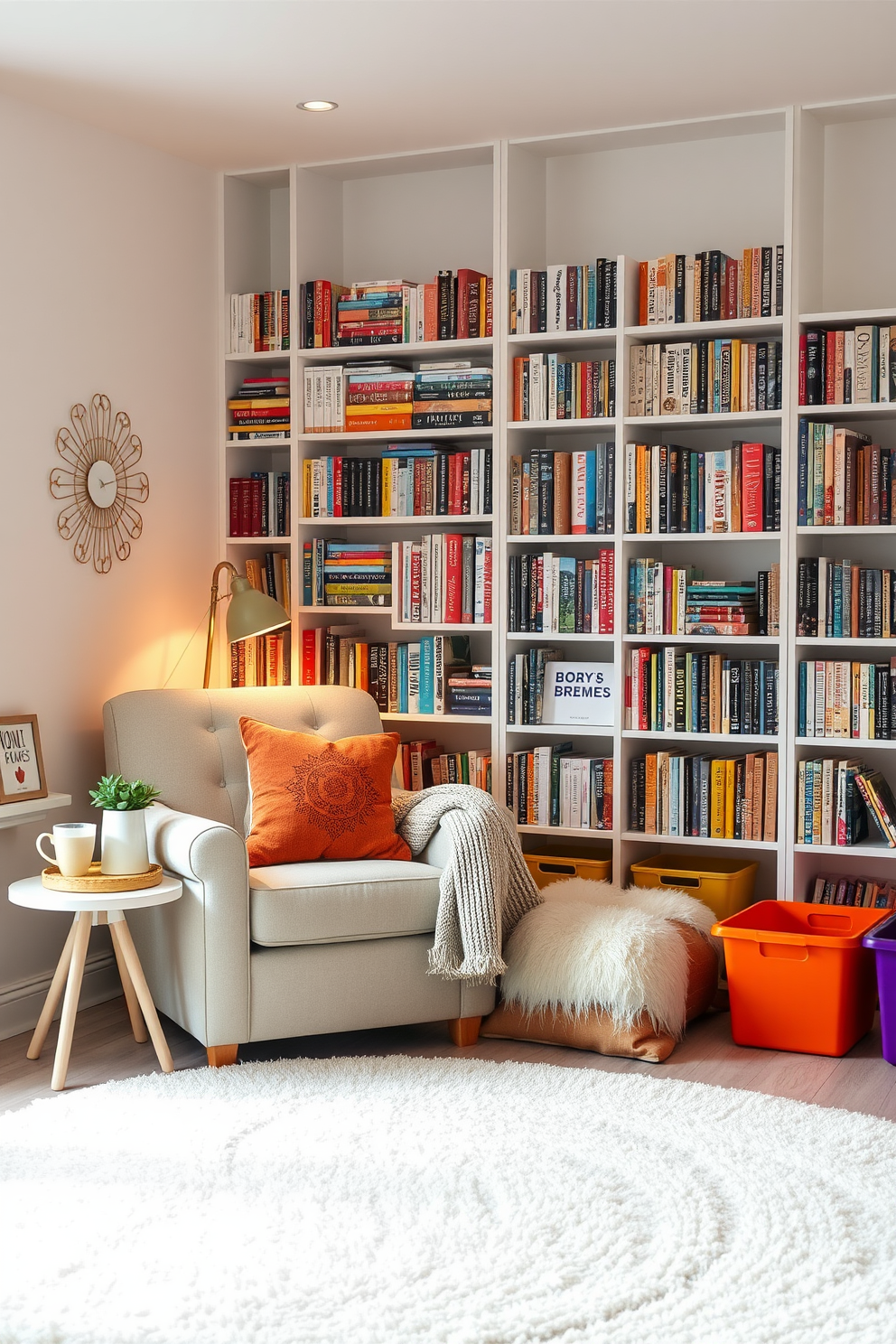 Cozy reading nook with plush cushions. A comfortable armchair is positioned next to a tall bookshelf filled with colorful books. Soft, warm lighting creates an inviting atmosphere. A small side table holds a steaming cup of tea and a cozy blanket draped over the chair. White playroom design ideas. The walls are painted in a crisp white, allowing for vibrant pops of color from toys and decor. A large, soft area rug provides a safe play space for children. Brightly colored storage bins keep toys organized and easily accessible.