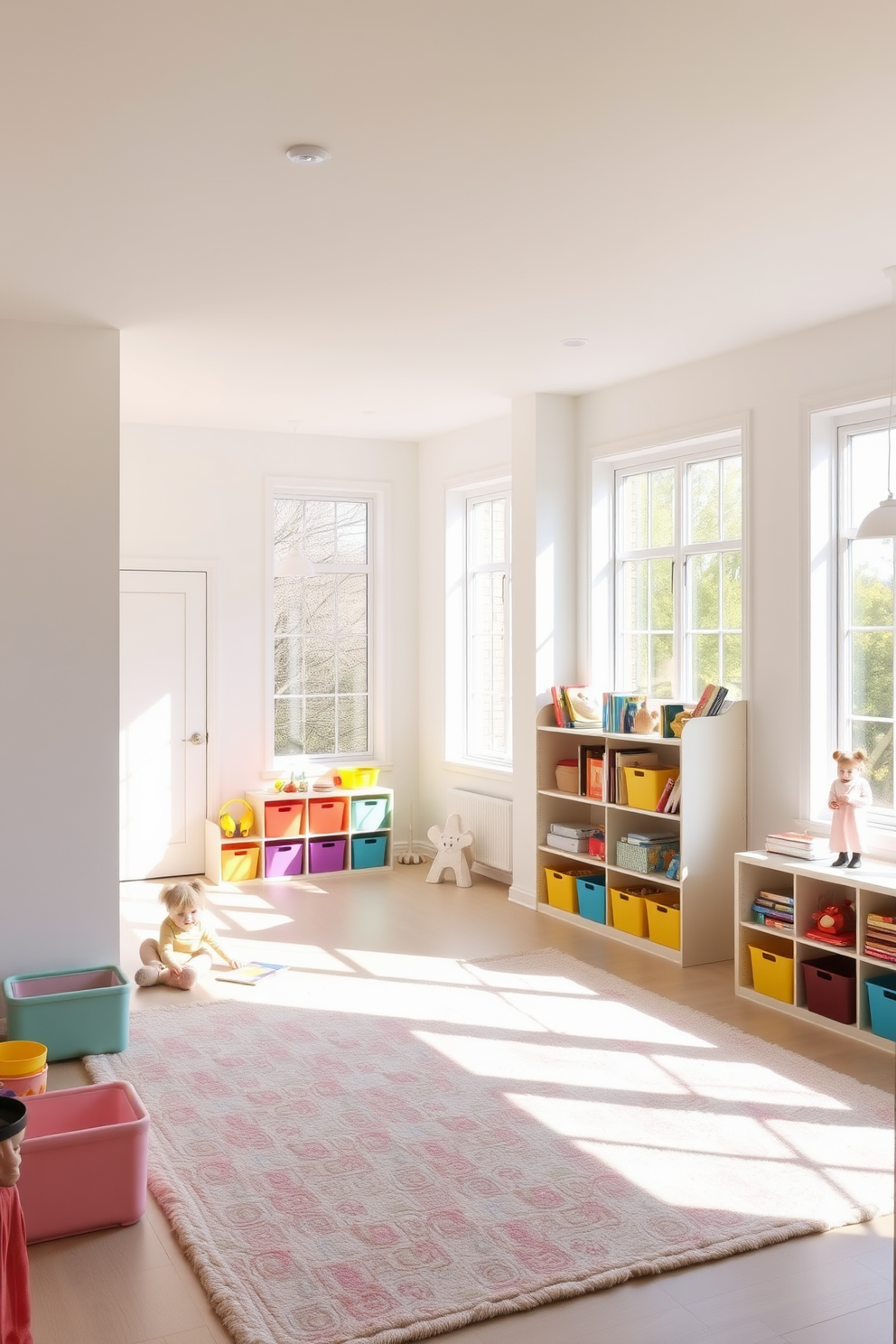 A bright and airy playroom filled with natural light streaming through large floor-to-ceiling windows. The walls are painted in a soft white hue, creating a clean and inviting atmosphere for children to play. The room features a plush area rug in pastel colors, providing a comfortable space for play. Colorful storage bins and shelves are arranged neatly, filled with toys and books to encourage creativity and organization.