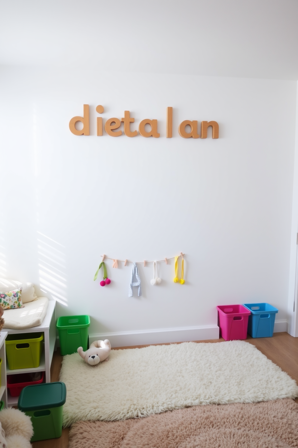 A customized name sign hangs above the play area, crafted from natural wood with playful lettering. The playroom features a soft white color palette with cozy furnishings, including plush rugs and colorful storage bins.