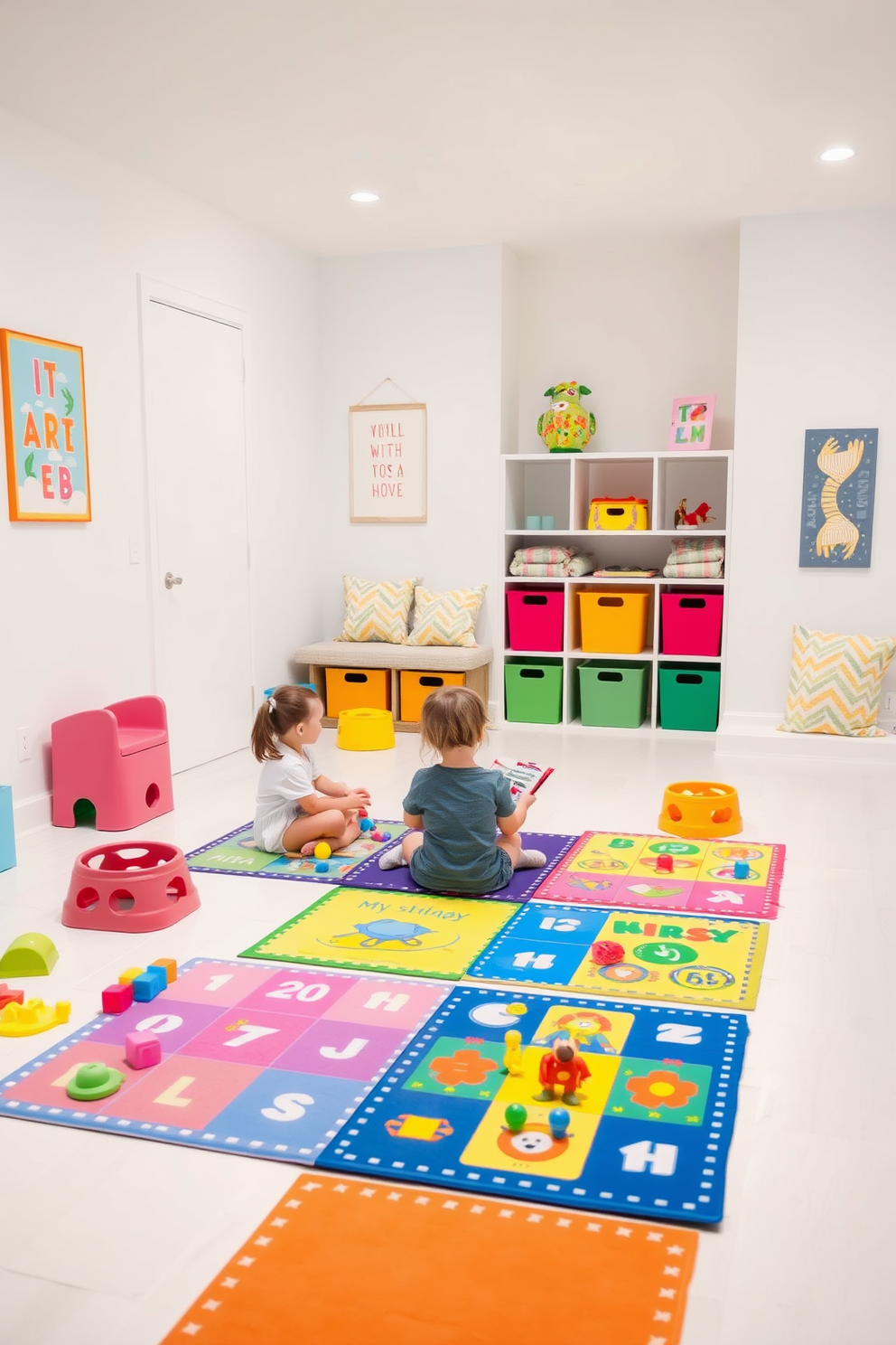 Interactive floor games for engagement create a vibrant atmosphere in a playful white playroom. The space features soft, cushioned flooring that is perfect for sitting and playing, surrounded by colorful game mats and interactive toys. Bright white walls enhance the light and airy feel of the room, while playful accents like colorful storage bins and wall art add a touch of whimsy. A cozy reading nook with plush cushions invites children to relax and engage with their favorite books.