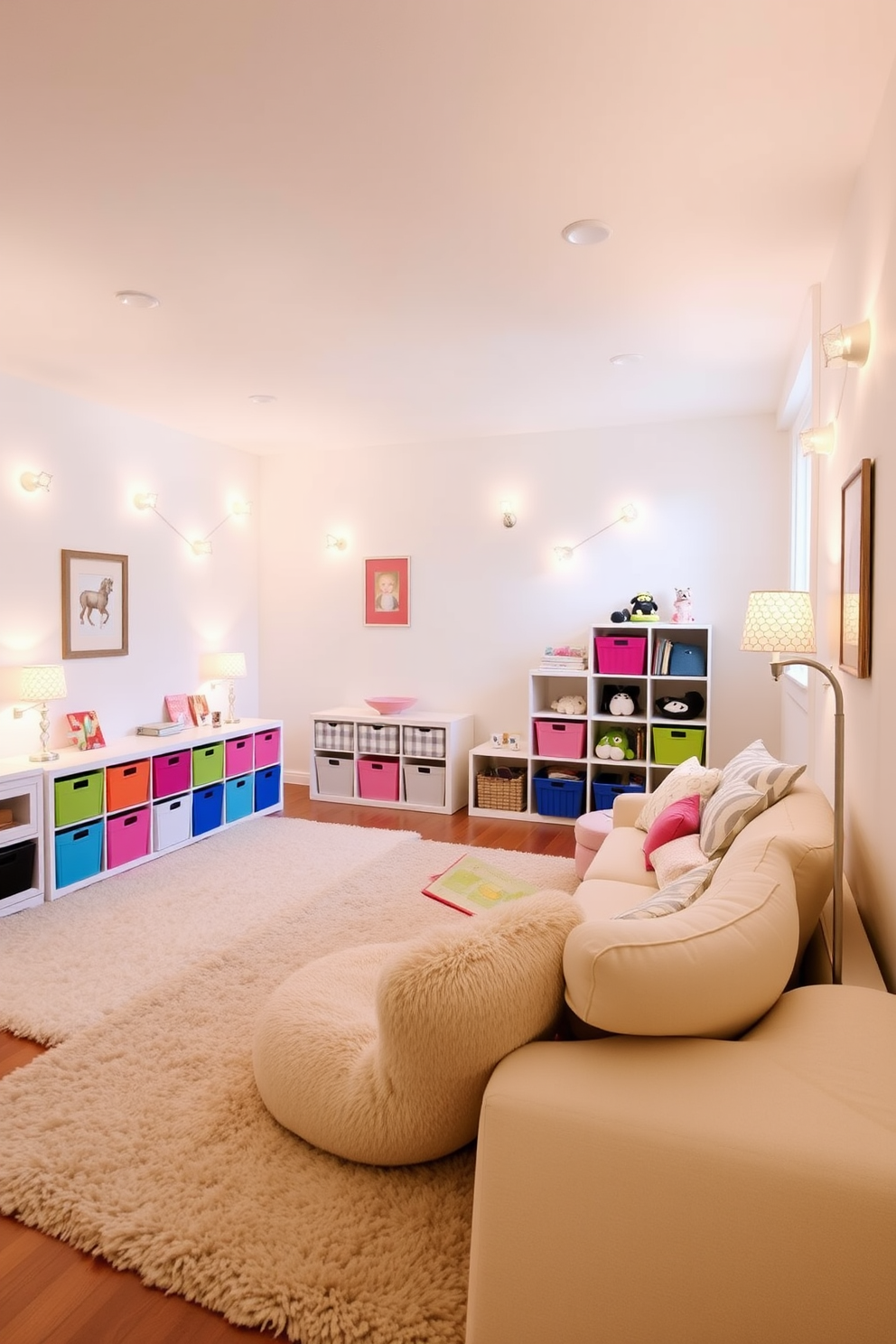 A bright and airy playroom filled with soft lighting from decorative lamps scattered throughout the space. The walls are painted in a cheerful pastel color, and plush area rugs add warmth underfoot. Colorful storage bins are neatly arranged along one wall, providing a fun and organized way to keep toys accessible. A cozy reading nook with oversized cushions invites children to sit and enjoy their favorite books.