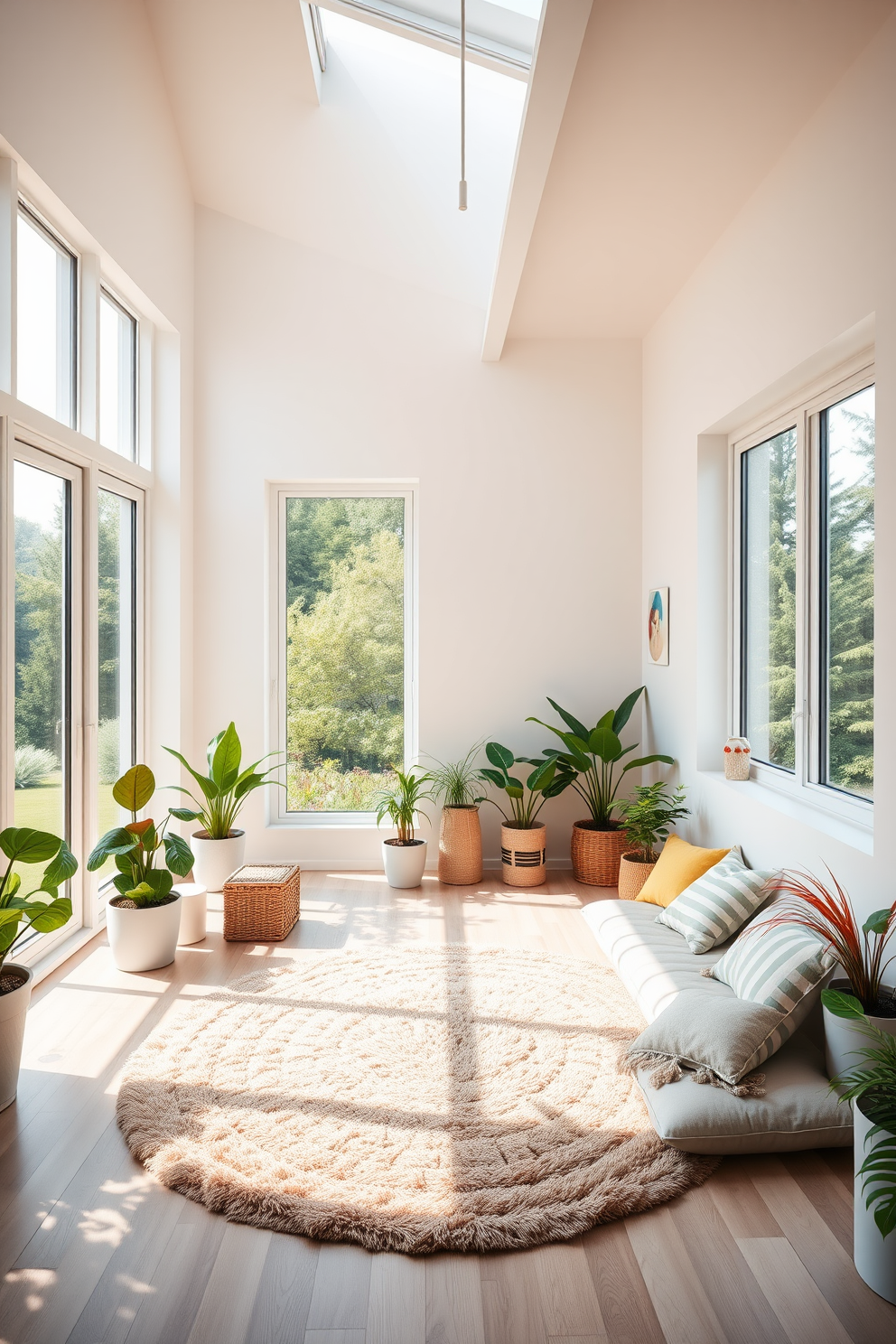 A bright and airy playroom filled with natural light. The walls are painted in a soft white, and large windows allow views of the outdoors, bringing in a sense of nature. Colorful indoor plants are strategically placed around the room, adding vibrant greenery. A cozy reading nook features a plush rug and cushions, inviting children to relax and explore their imagination.