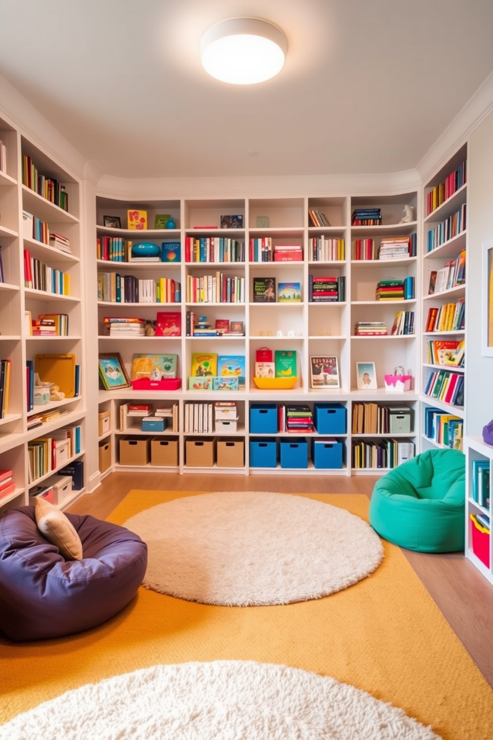 A bright and airy playroom features floor-to-ceiling bookshelves filled with colorful children's books and toys. The walls are painted in soft pastel colors, and a plush area rug adds warmth to the space. In the center of the room, a large, round play mat invites creativity and play. A cozy reading nook with bean bags is tucked into one corner, providing a perfect spot for quiet time and imagination.