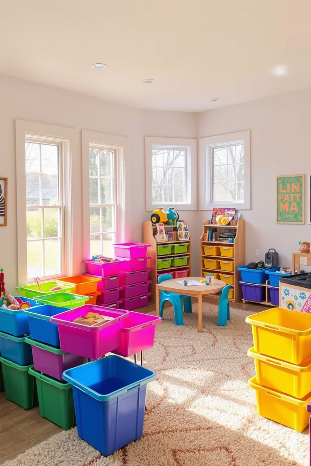 Brightly colored storage bins are arranged in a cheerful playroom, providing a fun and organized space for toys and games. The walls are painted in soft pastels, and a plush rug covers the floor, creating a cozy atmosphere for play. The playroom features a variety of engaging activities, with a small table and chairs set up for arts and crafts. Large windows allow natural light to flood the room, enhancing the vibrant colors of the storage bins and decor.