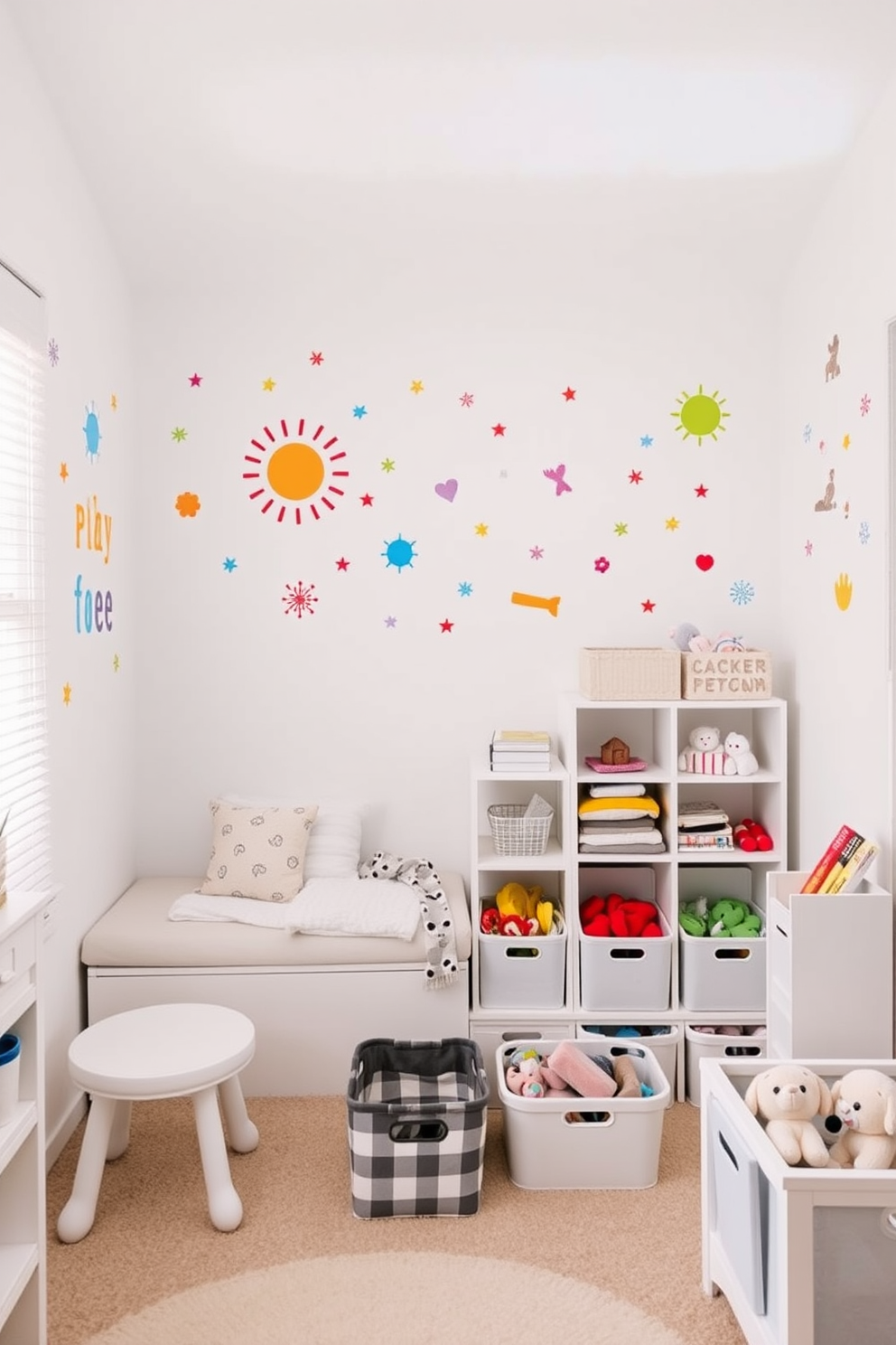 Creative wall art with removable stickers. The walls are adorned with colorful, whimsical designs that can easily be changed to refresh the look of the space. White playroom design ideas. The room features a soft white color palette with playful furniture, including a cozy reading nook and a variety of engaging toys neatly organized in stylish storage bins.