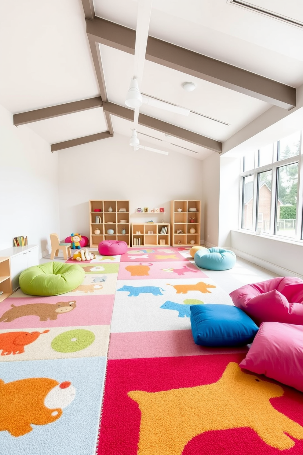 A bright and airy playroom filled with playful rugs featuring fun shapes such as animals and geometric patterns. The walls are painted in soft pastel colors and the furniture is minimalistic to allow for ample play space. Colorful bean bags and oversized cushions are scattered around the room, inviting children to sit and play. Large windows let in natural light, enhancing the cheerful atmosphere of the space.