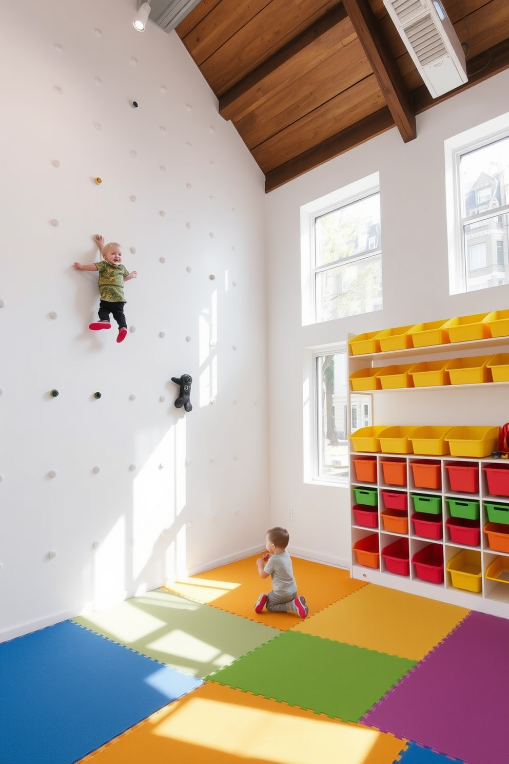 A playful white playroom designed for adventure features a climbing wall that spans one side, allowing children to explore and engage in physical activity. The walls are painted in a bright white hue, complemented by colorful soft mats on the floor to ensure safety during play. Brightly colored storage bins are arranged neatly along another wall, providing easy access to toys and games. Large windows allow natural light to flood the space, creating an inviting and cheerful atmosphere perfect for creativity and fun.