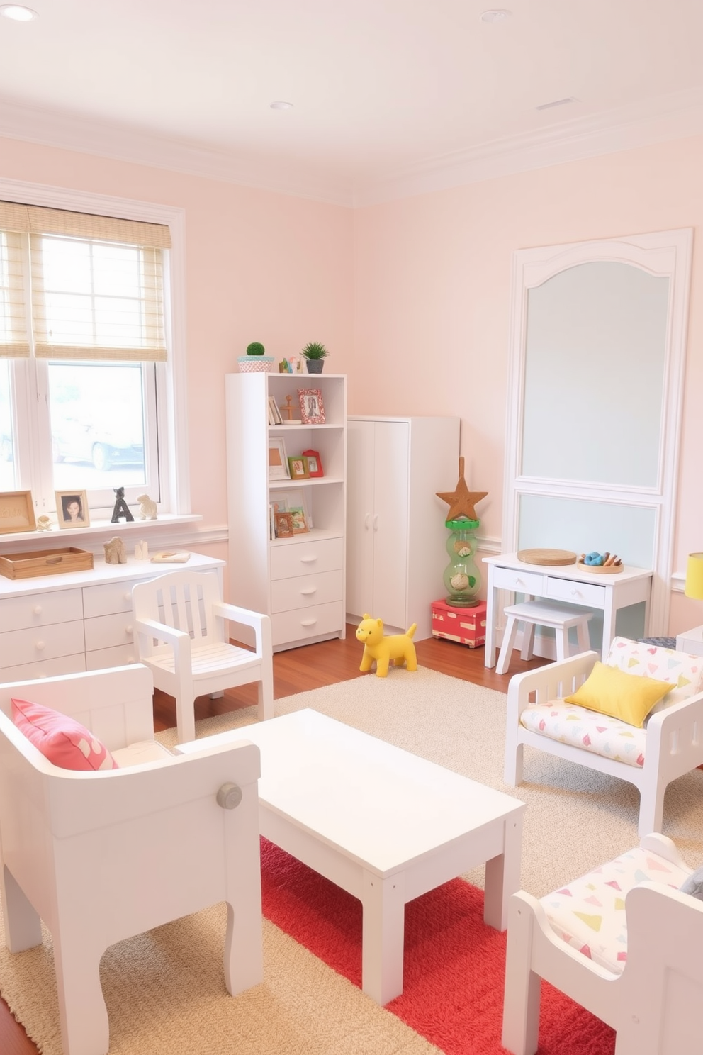 A bright and cheerful playroom filled with white furniture featuring playful patterns. The walls are painted in soft pastel colors, creating a warm and inviting atmosphere for children to play and explore.