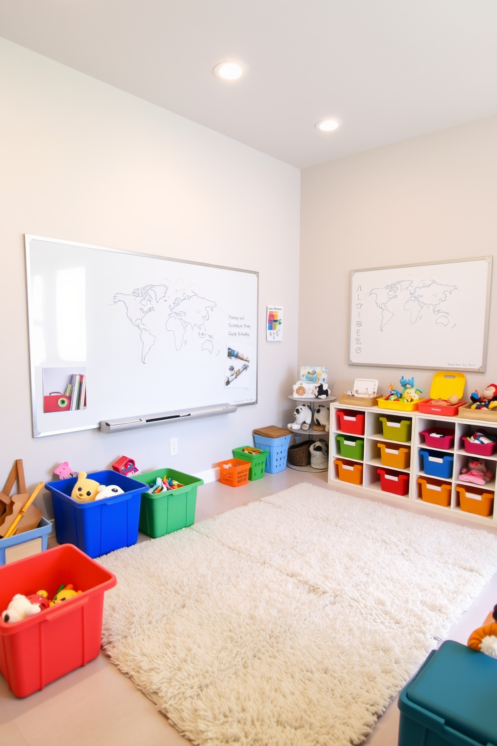 A spacious playroom designed for creativity and fun. The walls are painted in a soft pastel color, and the floor is covered with a plush area rug. A large whiteboard surface spans one wall, providing ample space for drawing and writing. Colorful storage bins are arranged neatly, filled with toys and art supplies for easy access.