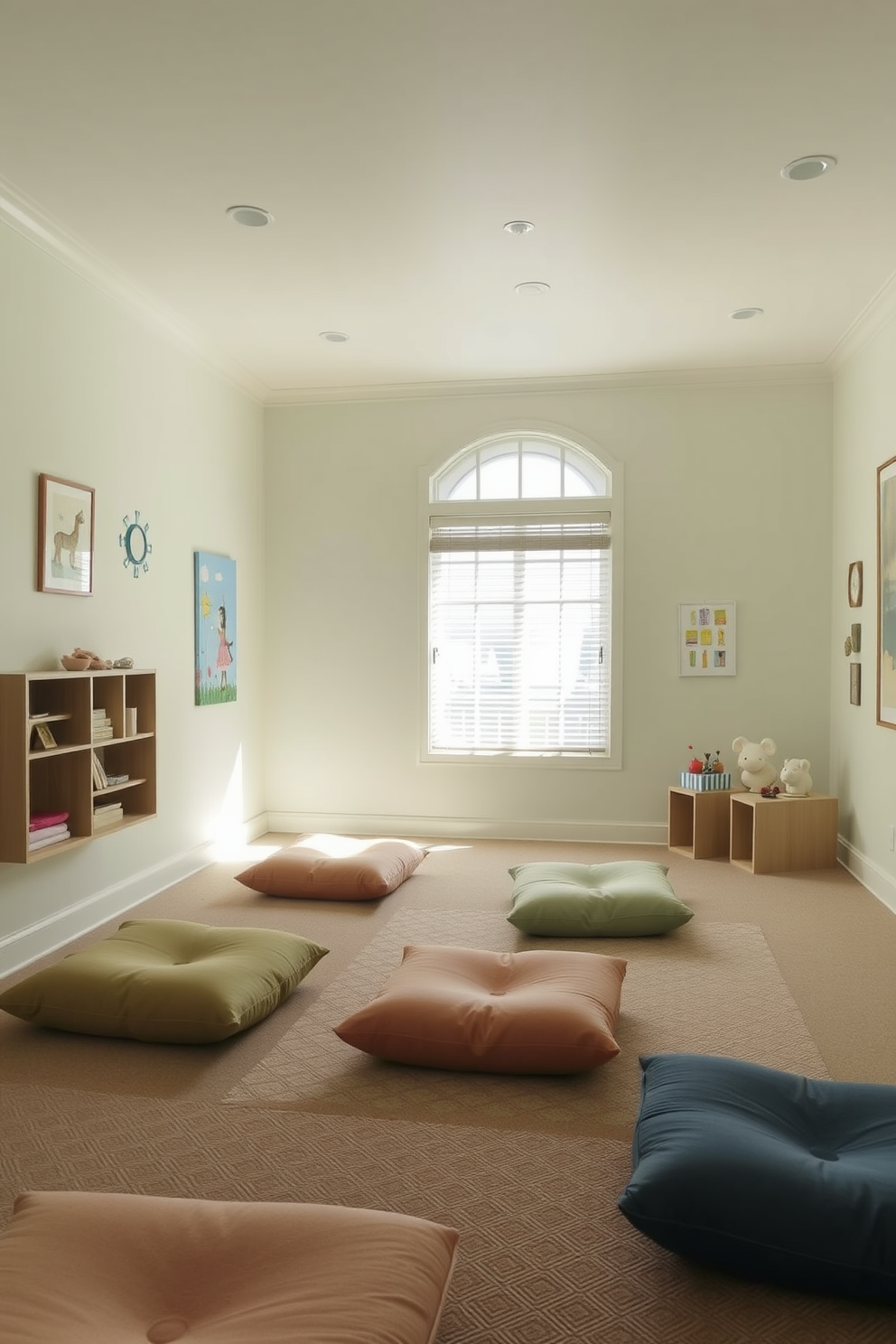 A cozy playroom filled with natural light features soft floor cushions scattered across the floor for casual seating. The walls are painted in a cheerful pastel color, and playful artwork adorns the space, creating a welcoming atmosphere for children.