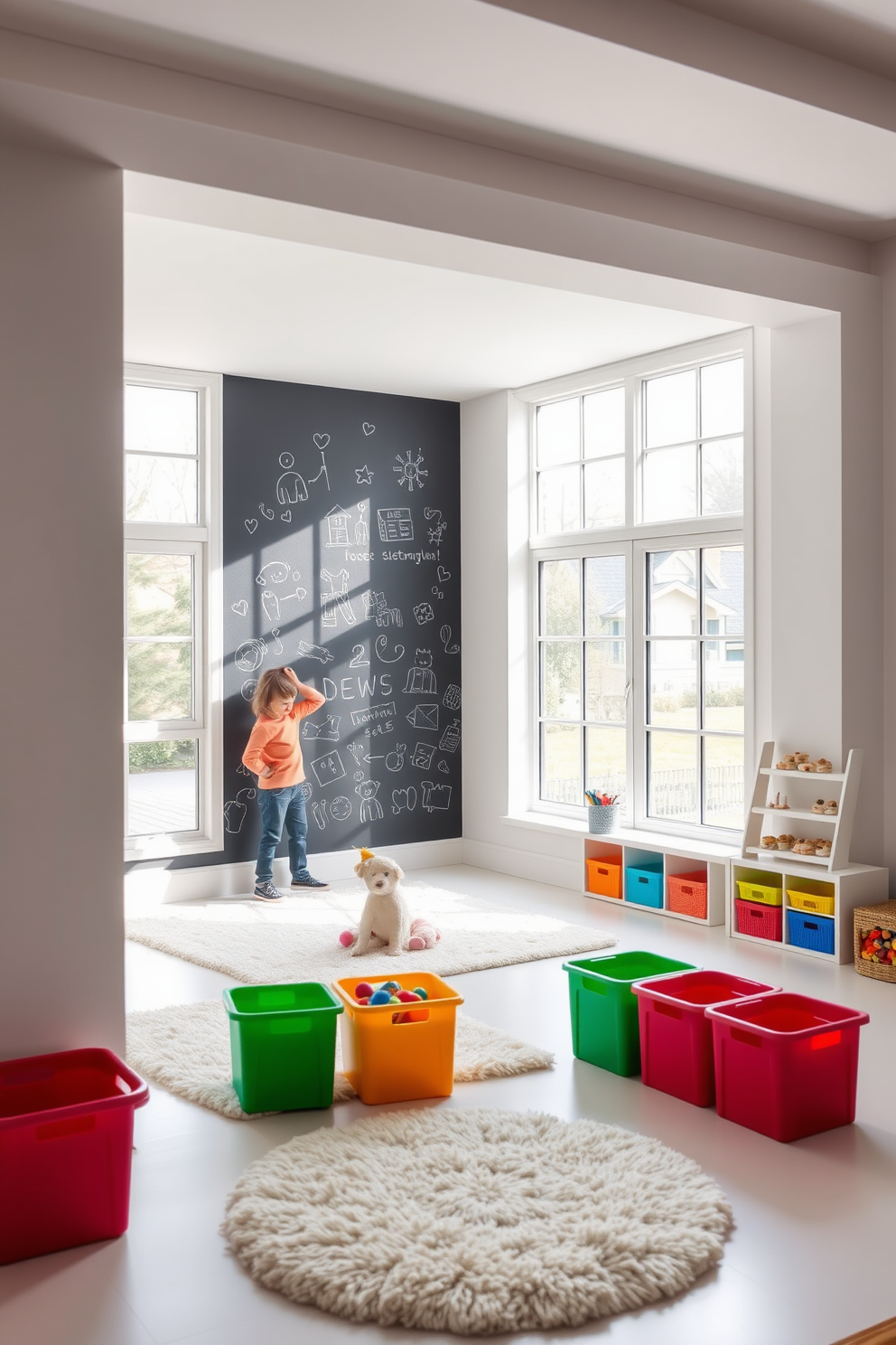 Interactive chalkboard wall for creativity. The wall is painted with black chalkboard paint, allowing for endless doodles and notes. Bright white playroom design features soft plush rugs and colorful storage bins. Large windows fill the space with natural light, creating an inviting atmosphere for play.