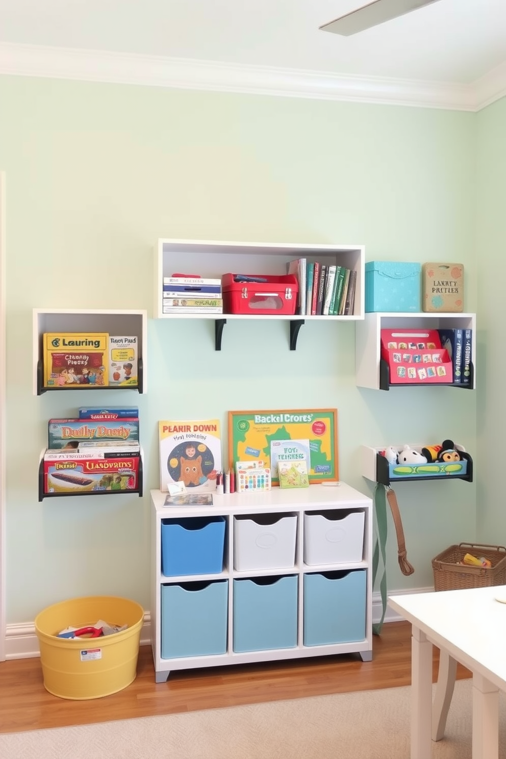 A bright and airy playroom features wall-mounted storage units designed to hold toys and games in an organized manner. The walls are painted in a soft pastel color, creating a cheerful atmosphere that encourages creativity and play.