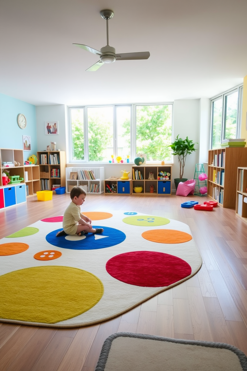 A soft area rug in a playful design covers the floor, providing comfort and safety for children at play. The playroom features bright, cheerful colors on the walls, with plenty of natural light streaming in through large windows.