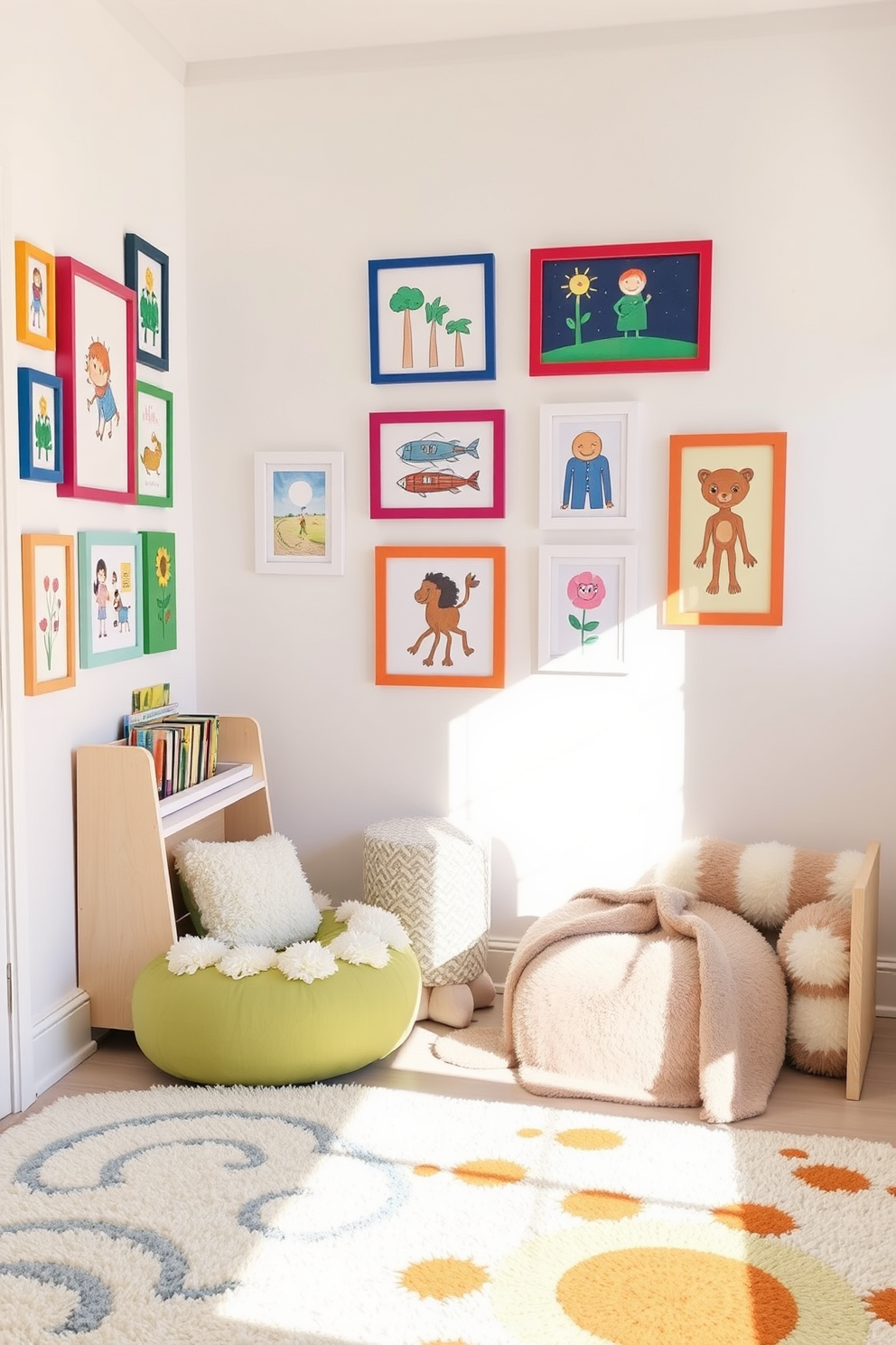 A mini art gallery for kids' creations features a bright and cheerful playroom with white walls. Colorful frames display various children's artwork, creating a vibrant and inspiring atmosphere. The playroom includes a cozy reading nook with plush cushions and a small bookshelf filled with children's books. Soft, playful rugs cover the floor, providing a comfortable space for kids to sit and create.