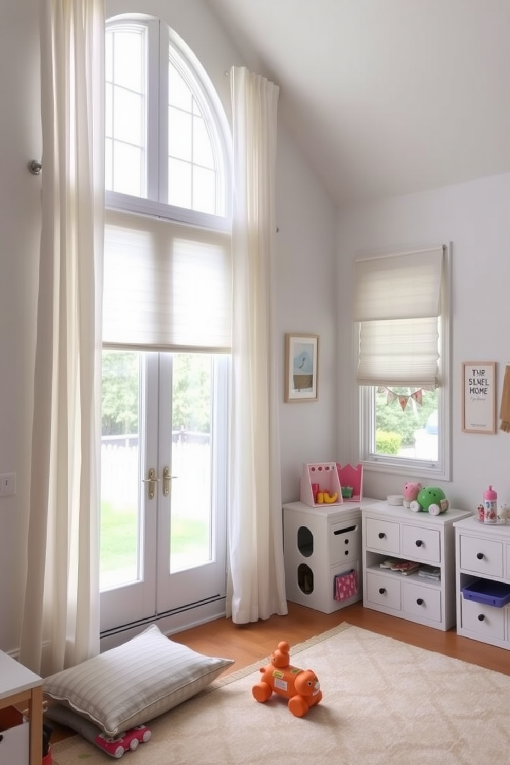 Light and airy window treatments create a bright and cheerful atmosphere in the playroom. Sheer white curtains gently filter natural light, enhancing the spacious feel of the room. The playroom features soft white walls adorned with playful artwork and colorful accents. A cozy area rug sits on the floor, providing a comfortable space for children to play and explore.