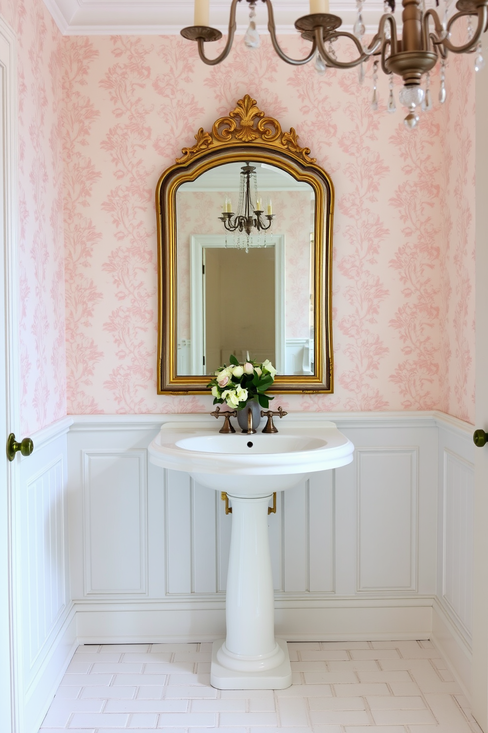 Elegant pedestal sink with a vintage mirror. The walls are adorned with soft pastel wallpaper, and the floor features classic white subway tiles. A delicate floral arrangement sits atop the sink, complementing the overall aesthetic. The room is illuminated by a stylish chandelier, adding a touch of sophistication to the space.