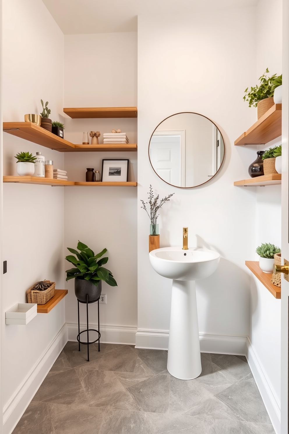 Open shelving lines the walls of a chic powder room, showcasing an array of decorative items and plants. The shelves are crafted from natural wood, adding warmth to the space, while the walls are painted in a soft white for a clean and airy feel. The floor features elegant gray tiles with subtle veining, enhancing the modern aesthetic. A stylish round mirror hangs above a sleek pedestal sink, complemented by minimalist fixtures in brushed gold.