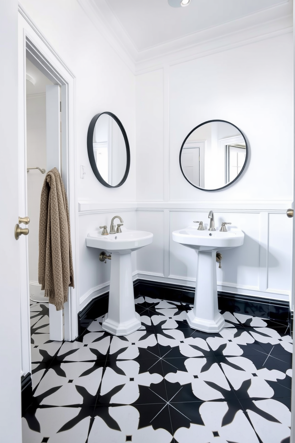 A chic powder room featuring dramatic black and white floor tiles that create a striking visual contrast. The walls are adorned with crisp white paint, enhancing the room's brightness and elegance. A sleek pedestal sink is positioned against one wall, complemented by a stylish wall-mounted faucet. A large round mirror with a black frame hangs above the sink, reflecting the sophisticated design elements of the space.