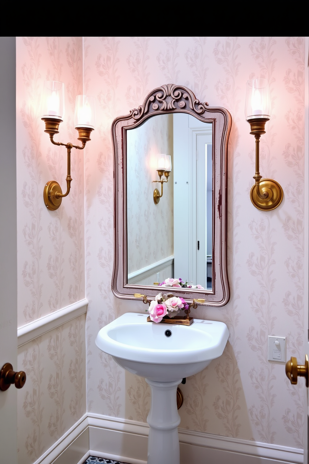 A vintage-inspired powder room showcases elegant sconces that cast a warm glow, enhancing the room's charm. The walls are adorned with soft pastel wallpaper, creating a serene backdrop for the exquisite fixtures. The white powder room features a sleek pedestal sink paired with a classic mirror framed in distressed wood. A delicate floral arrangement sits atop the sink, complementing the vintage aesthetic and adding a touch of color.