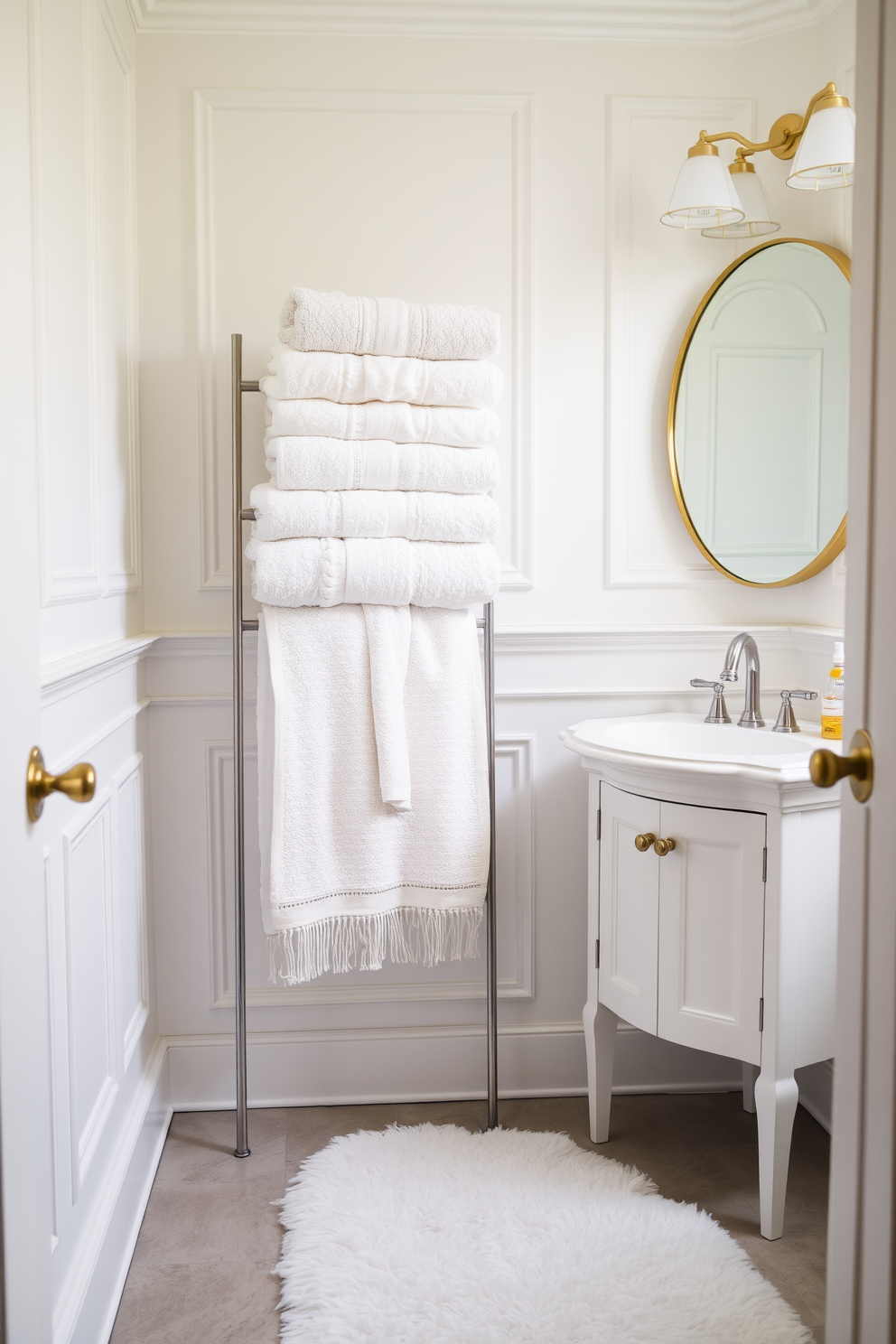 Layered textiles create a warm and inviting atmosphere in a white powder room. Plush towels in varying shades of white and cream are artfully arranged on a sleek, modern rack, complemented by a soft area rug beneath the sink. The walls are adorned with elegant wainscoting painted in a crisp white finish. A minimalist vanity features a round mirror with a delicate gold frame, enhancing the room's serene and sophisticated vibe.